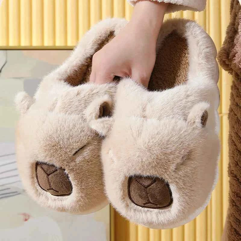 Kawaii Capybara Cotton Slippers - Women's Warm Fur Indoor Slides & Non-Slip Home Shoes