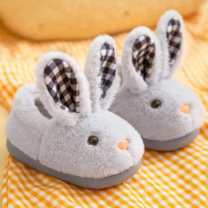 Kids Cartoon Rabbit Slippers – Warm Plush Indoor Anti-Slip Winter House Shoes for Boys & Girls Grey