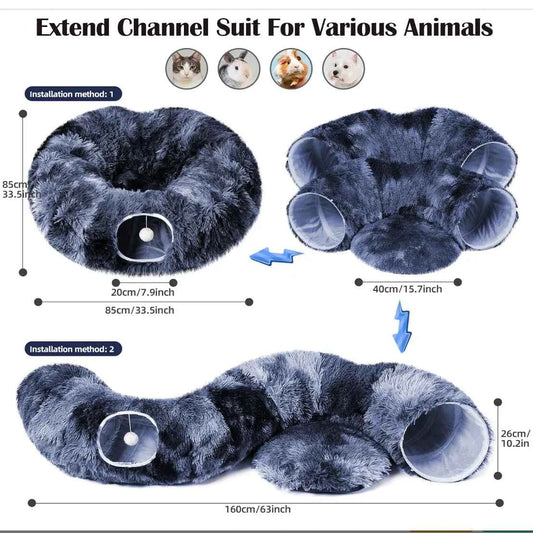 Plush Cat Tunnel Bed - 2-in-1 Interactive Cat Toy & Cozy Sleeping Bed with Removable Cover