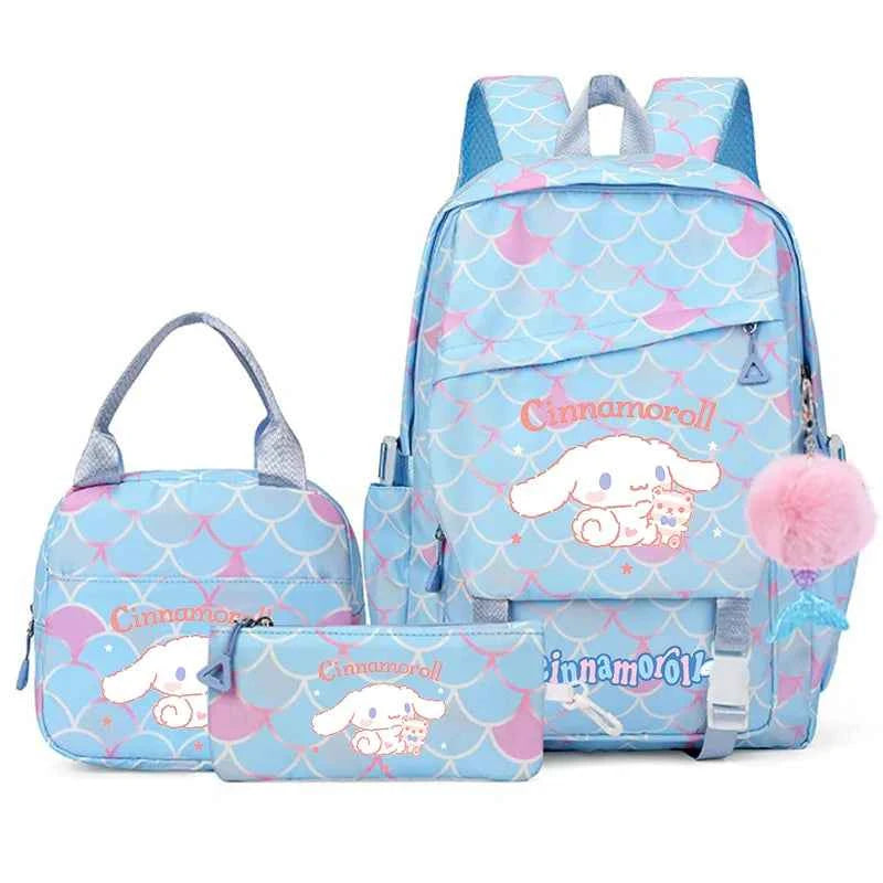 3PCS Cinnamoroll Fish Scale Backpack Set - Mermaid Pendant Lunch School Bag for Girls (17.7 in)