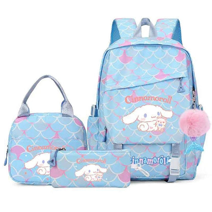 3PCS Cinnamoroll Fish Scale Backpack Set - Mermaid Pendant Lunch School Bag for Girls (17.7 in)