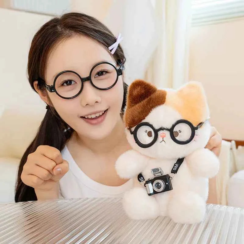 Kawaii Calico Cat Plush Doll with Glasses and Camera - Lifelike Weighted Tricolor Stuffed Animal Toy and Gift, 15cm and 20cm