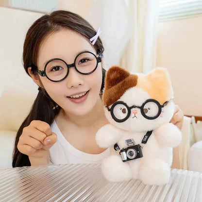 Kawaii Calico Cat Plush Doll with Glasses and Camera - Lifelike Weighted Tricolor Stuffed Animal Toy and Gift, 15cm and 20cm