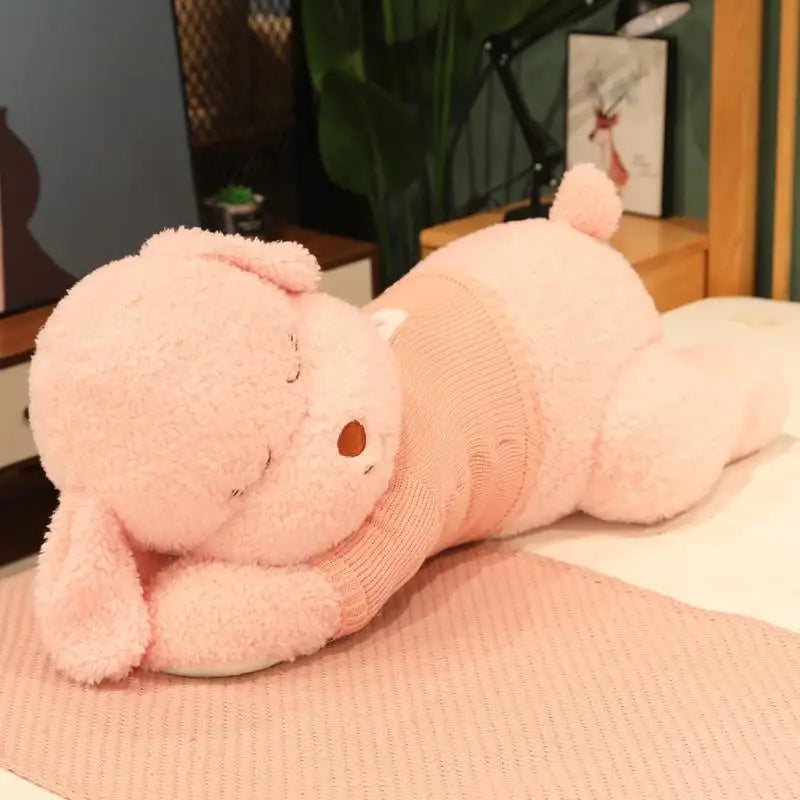 Giant Lying Dog Plush Toy – Soft Sweater Puppy Body Pillow Pink