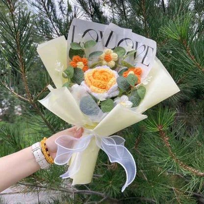 Finished Crochet Flower Bouquet (12.6-15.7 in) - Handmade Roses/Sunflowers/Carnations Gift
