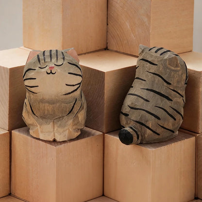 Handcrafted wood carving kitten statue Desk accessories Cat Cat-05
