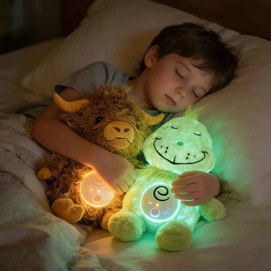 Highland Cow Plush Toy Music Soothing Breathing Doll Grinch Plush Toy Sleep Companion Sound and Light Doll Room Decor Toys Gifts