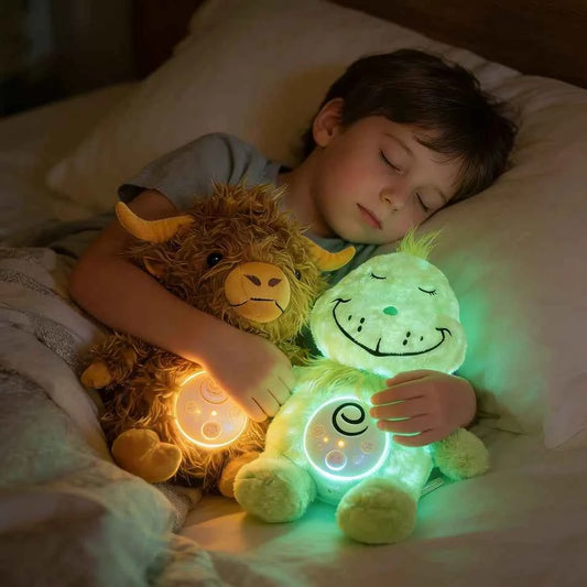 Highland Cow Plush Toy Music Soothing Breathing Doll Grinch Plush Toy Sleep Companion Sound and Light Doll Room Decor Toys Gifts