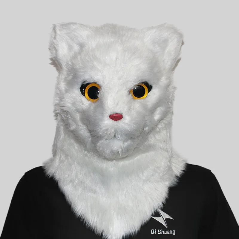 Movable Mouth Cat Mask – Realistic Full Head Cat Cosplay Mask Cat White 19.7"–25.6" (50–65cm)