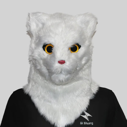 Movable Mouth Cat Mask – Realistic Full Head Cat Cosplay Mask Cat White 19.7"–25.6" (50–65cm)