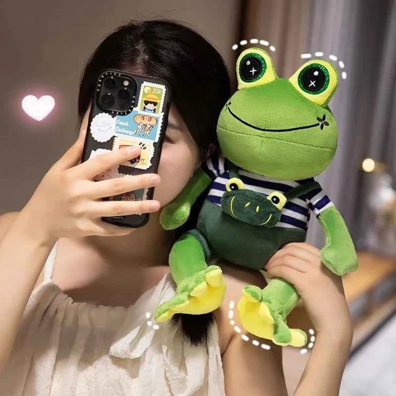 Kawaii Big Eye Frog Plush Toy – Soft Stuffed Cartoon Frog with Striped Overalls (30–50cm)