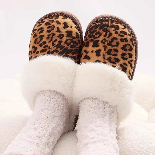 Fashion Leopard Fluffy House Slippers - Women's Warm Fur Collar Indoor Flat Sandals