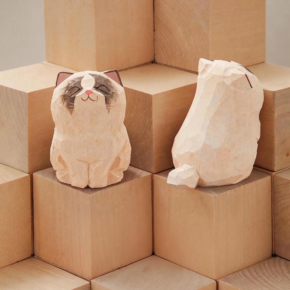 Handcrafted wood carving kitten statue Desk accessories Cat Cat-08