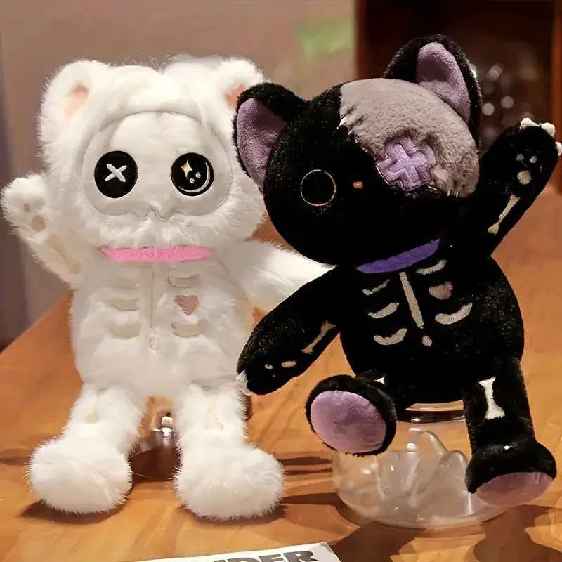 Kawaii Skeleton Cat Plush Doll - Soft Stuffed Gothic Halloween Cat Toy and Gift in Black and White, 35cm
