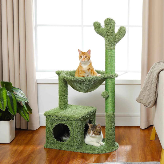 Cactus Cat Tree with Condo & Hammock – Small Cat Tower with Scratching Post & Hanging Ball Toy Green M