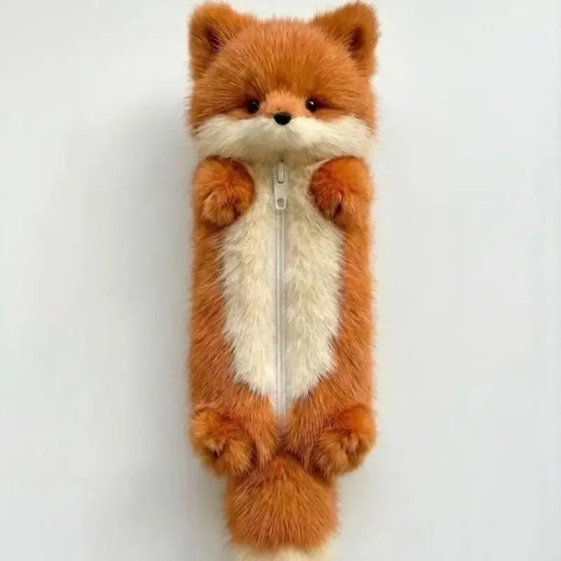 Kawaii Fox Plush Pencil Case - Fluffy Animal Zipper Pouch for School and Office, 2 Colors Orange 32cm (12.6in)