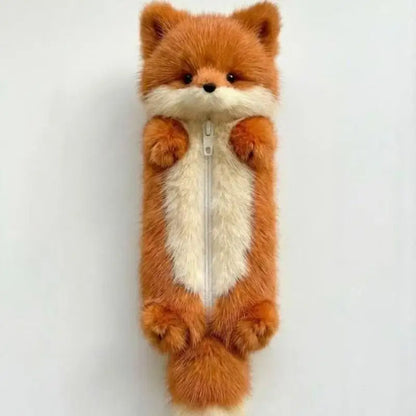 Kawaii Fox Plush Pencil Case - Fluffy Animal Zipper Pouch for School and Office, 2 Colors Orange 32cm (12.6in)