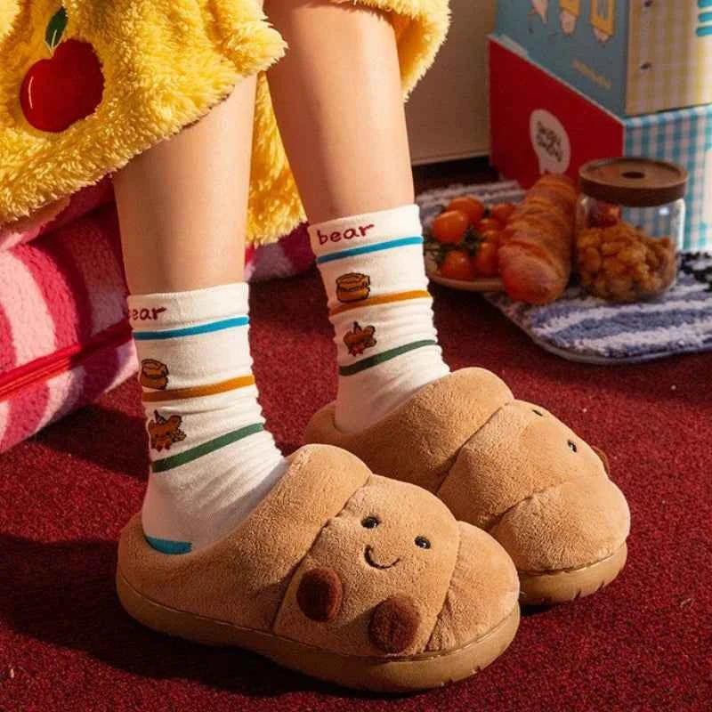 Kawaii Croissant Bread Fluffy Slippers - Cute Cartoon Anti-slip Couples Home Slides
