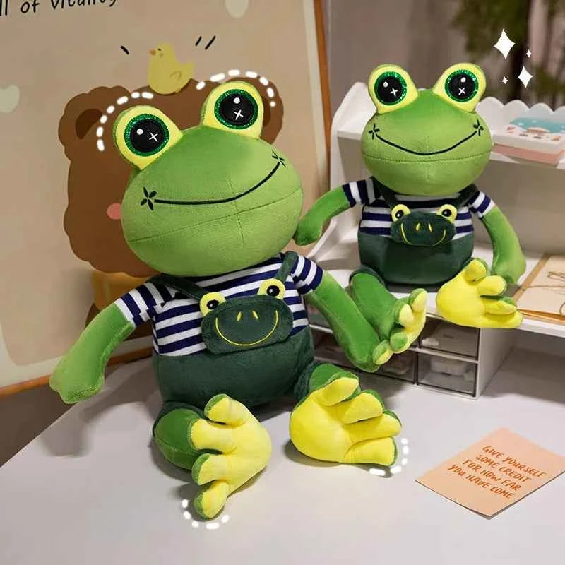 Kawaii Big Eyed Frog Plush Toy – Cute Green Frog with Striped Overalls Stuffed Animal (30–50cm)
