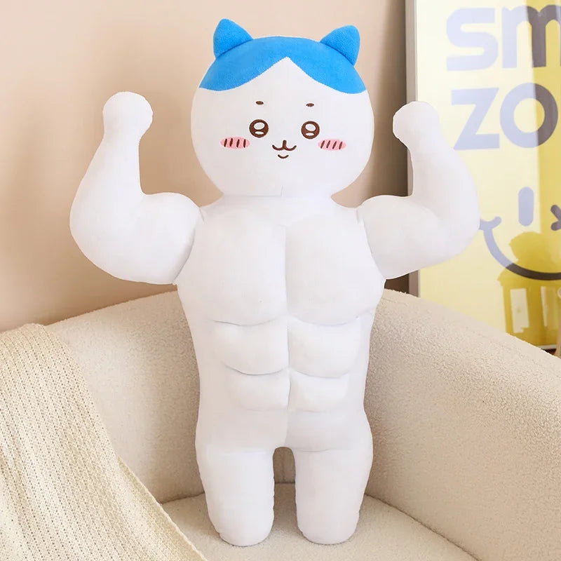 Kawaii Muscular Chiikawa Plush Pillow - Funny Buff Hachiware Usagi Stuffed Anime Doll and Fan Gift, 3 Characters and 2 Sizes Blue