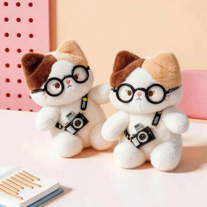 Kawaii Calico Cat Plush Doll with Glasses and Camera - Lifelike Weighted Tricolor Stuffed Animal Toy and Gift, 15cm and 20cm