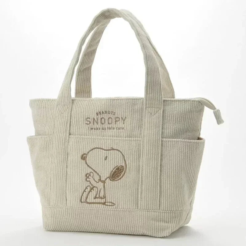 Snoopy Corduroy Tote Bag – Large Capacity Zipper Shoulder Bag Beige 14.2 × 9.4 × 5.1 inches (36 × 24 × 13 cm)
