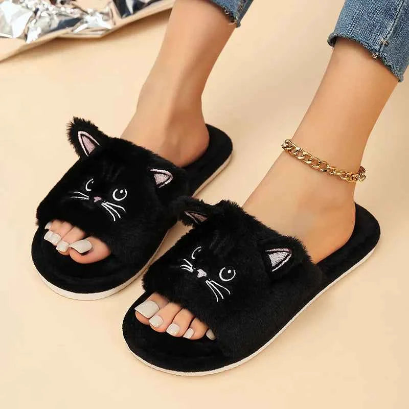 Casual Fluffy Slippers Women Home Flat Cat Cartoon Luxury Black