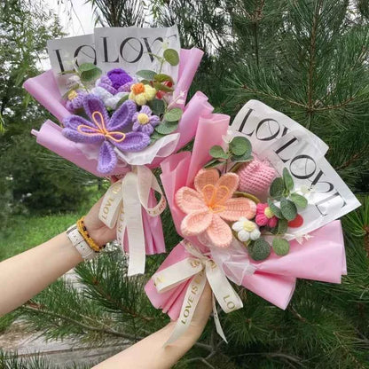 Finished Crochet Flower Bouquet (12.6-15.7 in) - Handmade Roses/Sunflowers/Carnations Gift