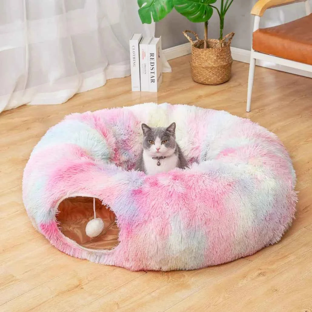 Plush Cat Tunnel Bed - 2-in-1 Interactive Cat Toy & Cozy Sleeping Bed with Removable Cover