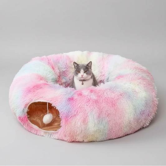 Plush Cat Tunnel Bed - 2-in-1 Interactive Cat Toy & Cozy Sleeping Bed with Removable Cover Rainbow L