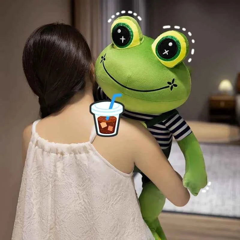 Kawaii Big Eye Frog Plush Toy – Soft Stuffed Cartoon Frog with Striped Overalls (30–50cm)