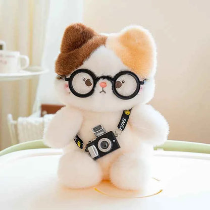 Kawaii Calico Cat Plush Doll with Glasses and Camera - Lifelike Weighted Tricolor Stuffed Animal Toy and Gift, 15cm and 20cm