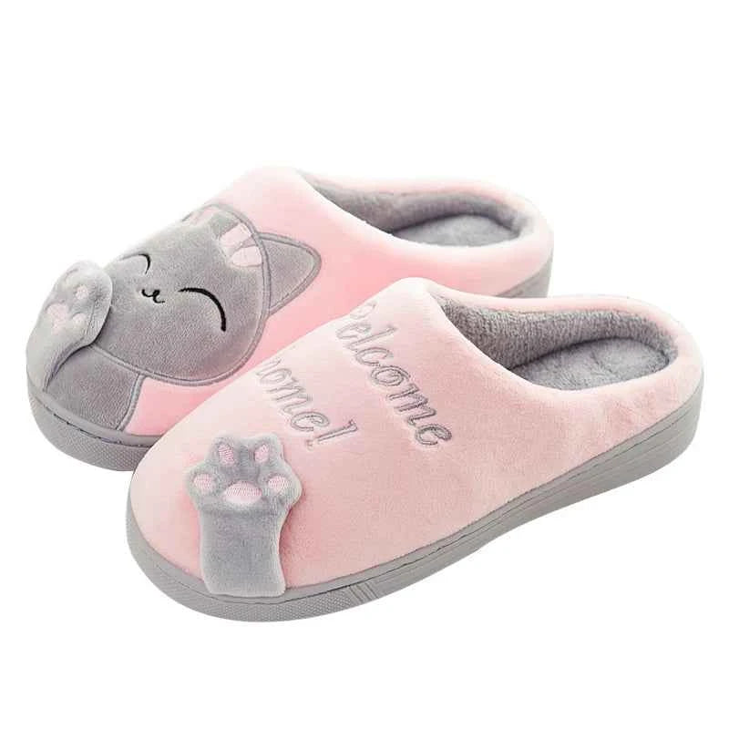 Women's Kawaii Cat Decor Slippers Comfortable Plush Lined Pink