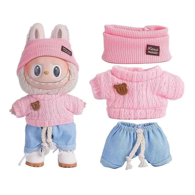 6.69inch Labubu Doll Clothes for buLabu with 3 Outfits - Stylish Fisherman Hat & Sweaters & Pants or skirt Set for 6.69inch Doll