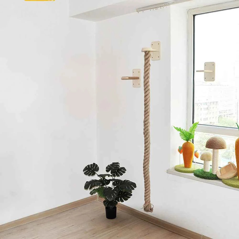 1 Piece Wall-mounted Cat Climbing Rope Solid Wooden Pedals