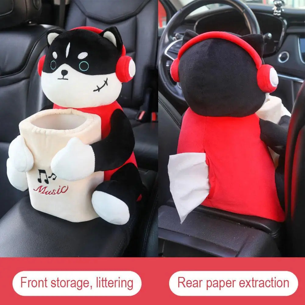 Cartoon Plush Car Tissue Holder – 2 In 1 Hanging Storage Bin