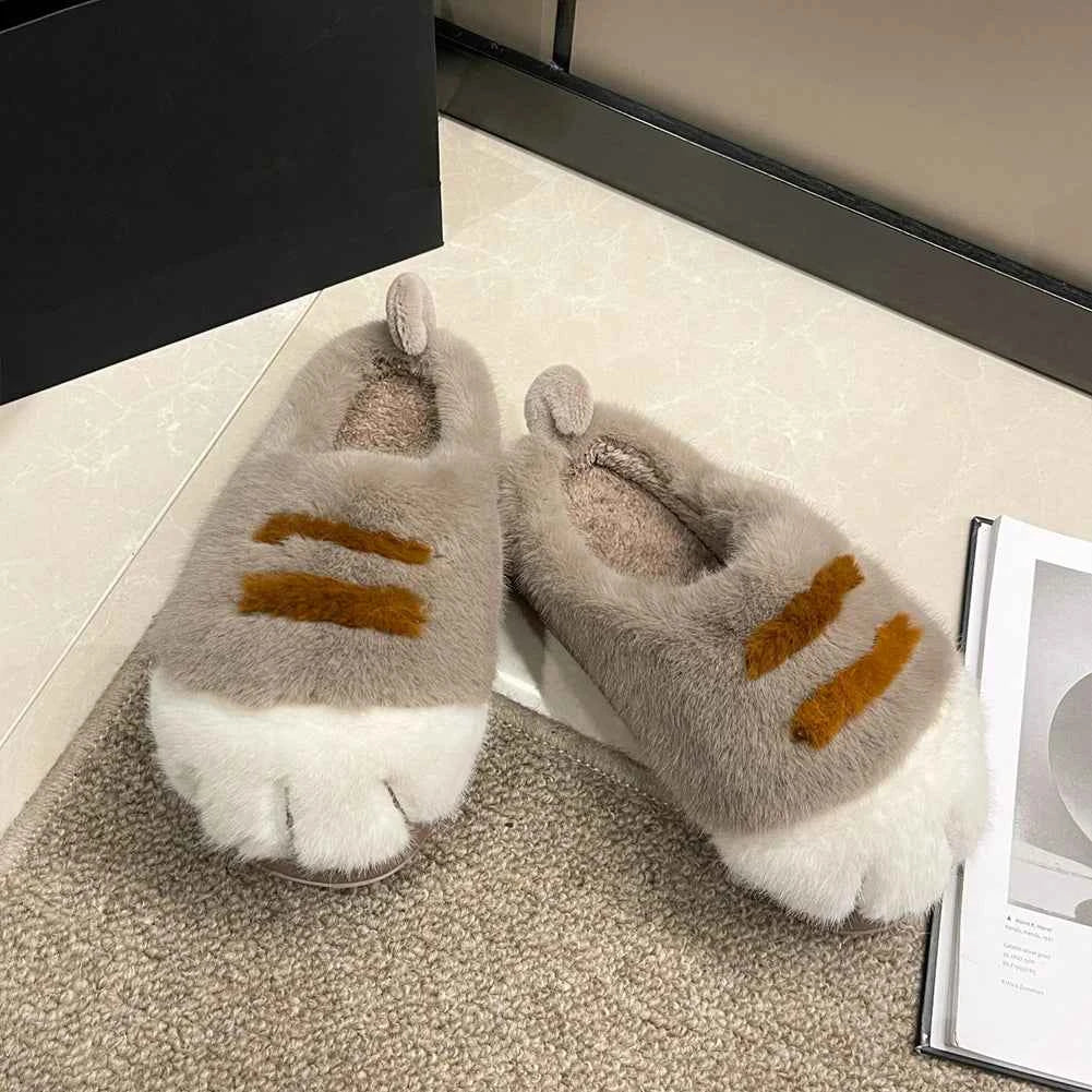 3D Cat Paw Plush Slippers Warm Slip-on House Shoes Furry