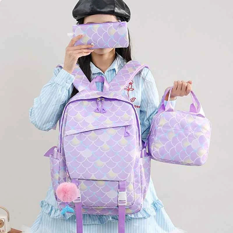 3PCS Cinnamoroll Fish Scale Backpack Set - Mermaid Pendant Lunch School Bag for Girls (17.7 in)