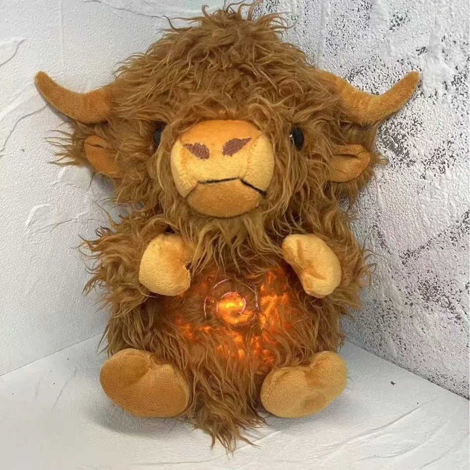 Highland Cow Breathing Plush Toy – Music & Light Sleep Companion
