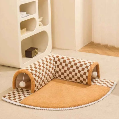 2-in-1 Cat Tunnel Bed (23.6 in) - Cute Plush Kitten Basket & Dog House Mat