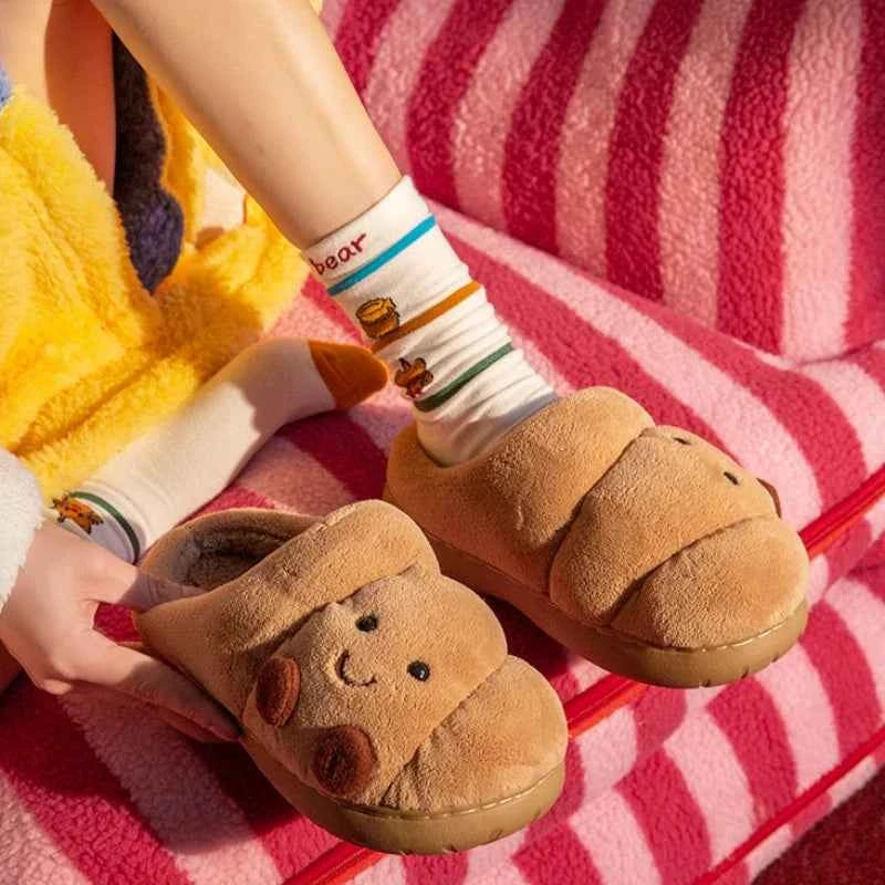 Kawaii Croissant Bread Fluffy Slippers - Cute Cartoon Anti-slip Couples Home Slides