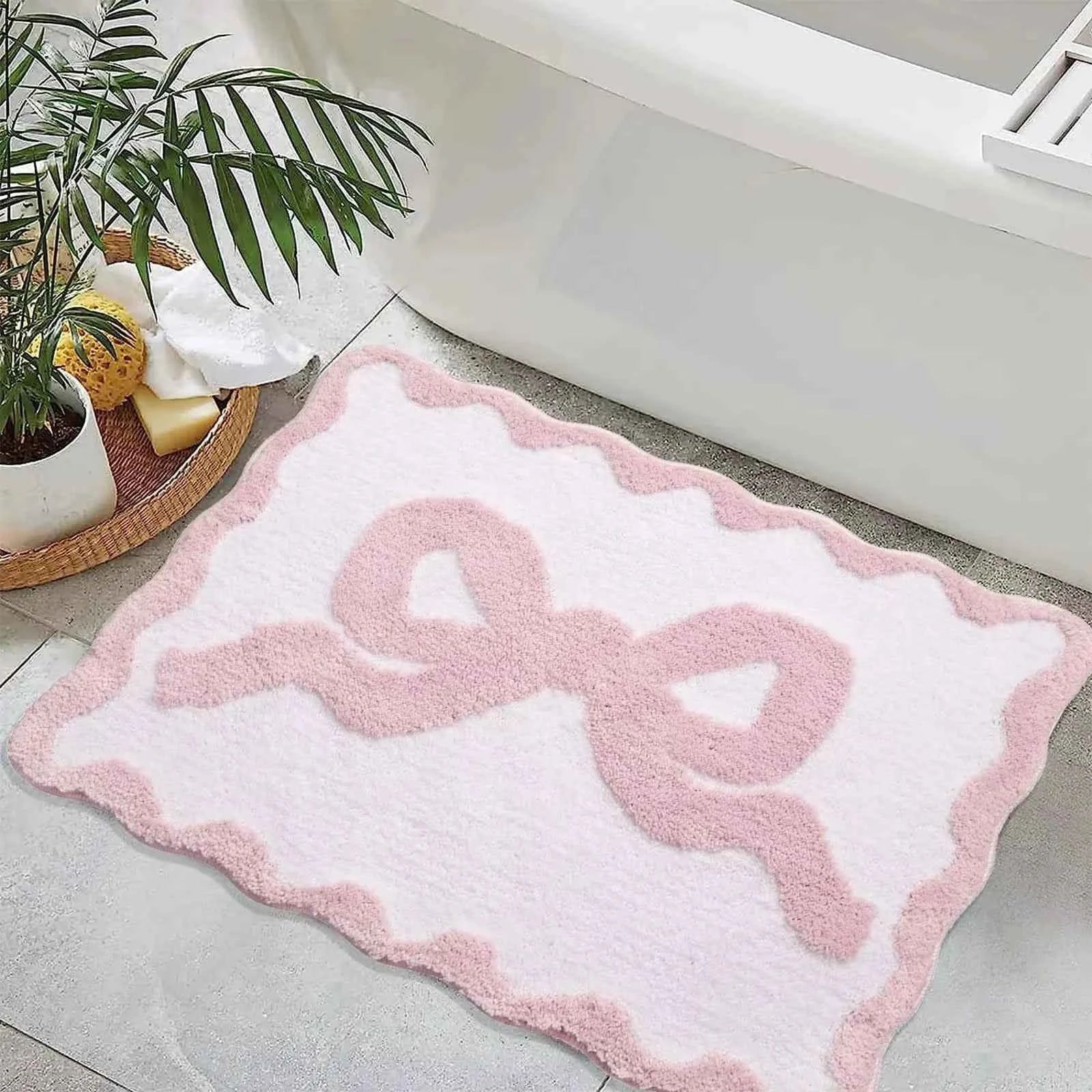 1pcs Pink Bow Bath Mat Bathroom Cute Preppy Rugs Scalloped