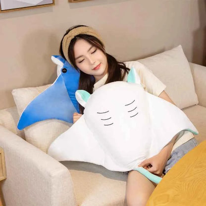 Kawaii Manta Ray Plush Pillow - Soft Stuffed Ocean Cuddle Toy and Gift, 2 Colors and 2 Sizes