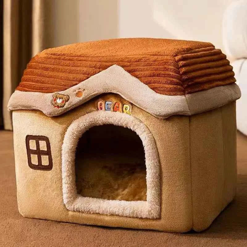 Kawaii Foldable Pet Castle House (Up to 19.3 in) - Soft Detachable Washable Cat Cave Nest