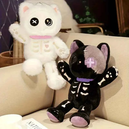 Kawaii Skeleton Cat Plush Doll - Soft Stuffed Gothic Halloween Cat Toy and Gift in Black and White, 35cm