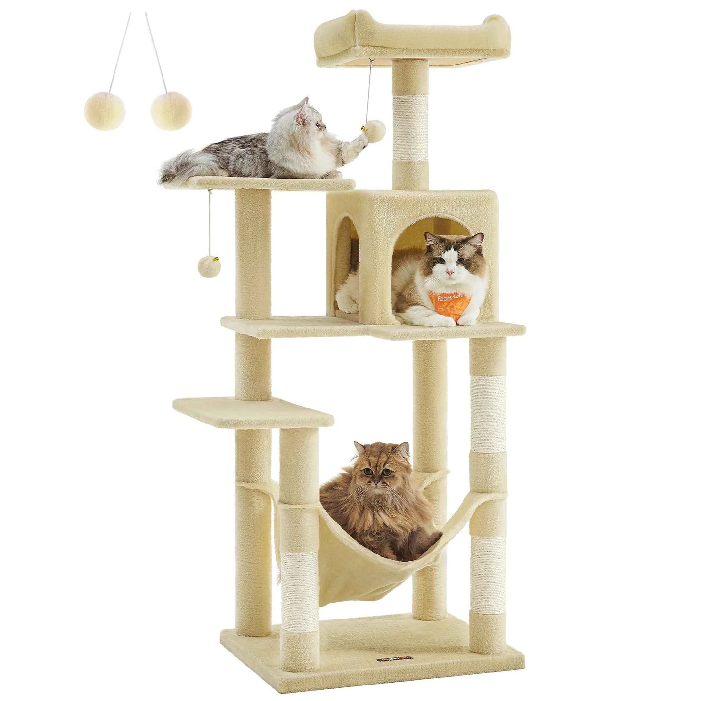 56.3" Multi-Cat Tree Tower: Hammock, Condo & Scratching Posts for Indoor Cats