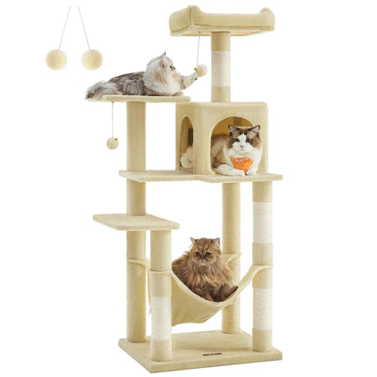 56.3" Multi-Cat Tree Tower: Hammock, Condo & Scratching Posts for Indoor Cats
