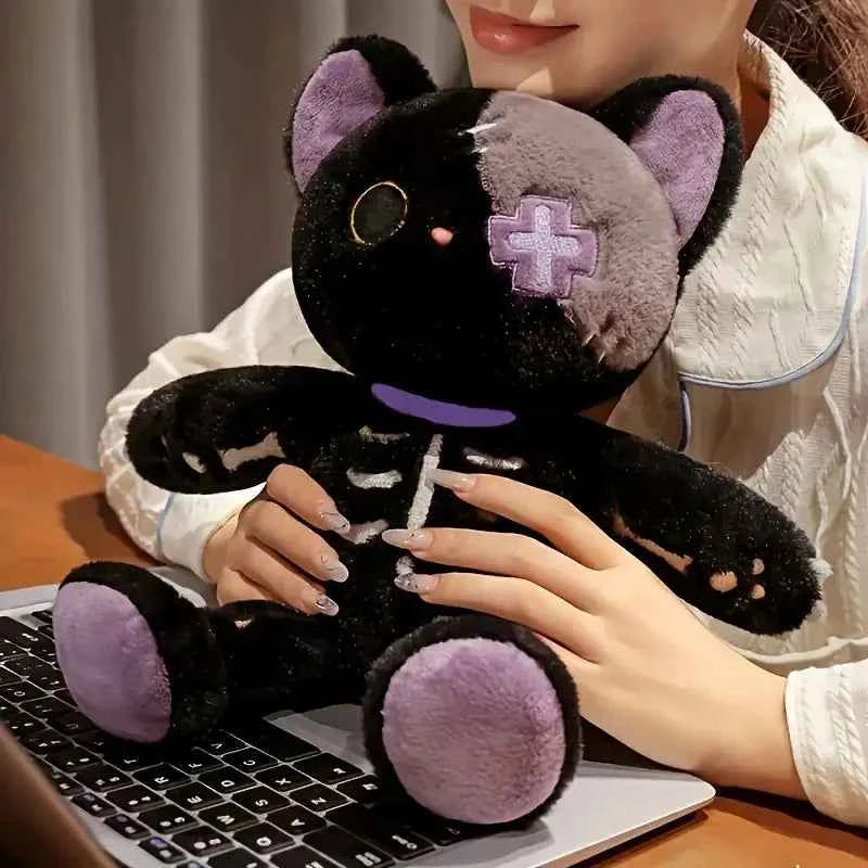Kawaii Skeleton Cat Plush Doll - Soft Stuffed Gothic Halloween Cat Toy and Gift in Black and White, 35cm
