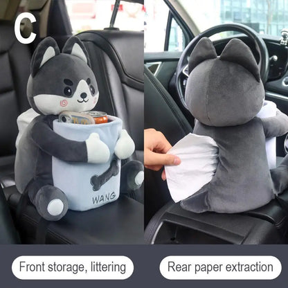 Cartoon Plush Car Tissue Holder – 2 In 1 Hanging Storage Bin
