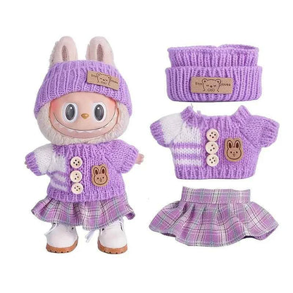 6.69inch Labubu Doll Clothes for buLabu with 3 Outfits - Stylish Fisherman Hat & Sweaters & Pants or skirt Set for 6.69inch Doll